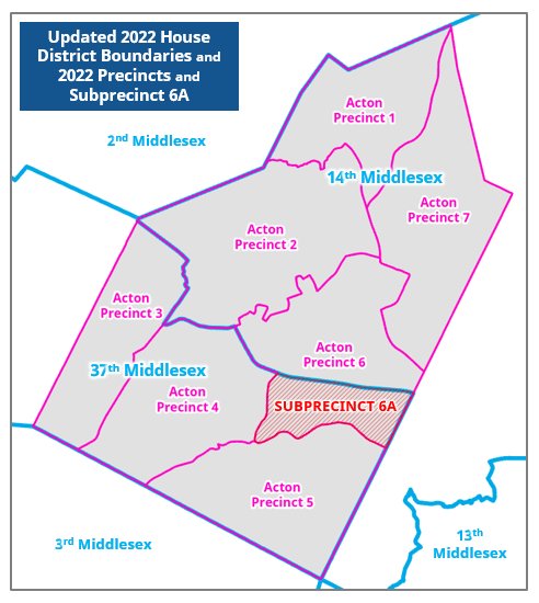 Official Acton example showing 2022 House district boundaries, precincts, and Subprecinct 6A.