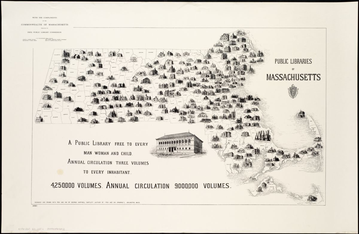 Later facsimile of George Hartnell Bartlett’s historical pictorial map of Massachusetts public libraries