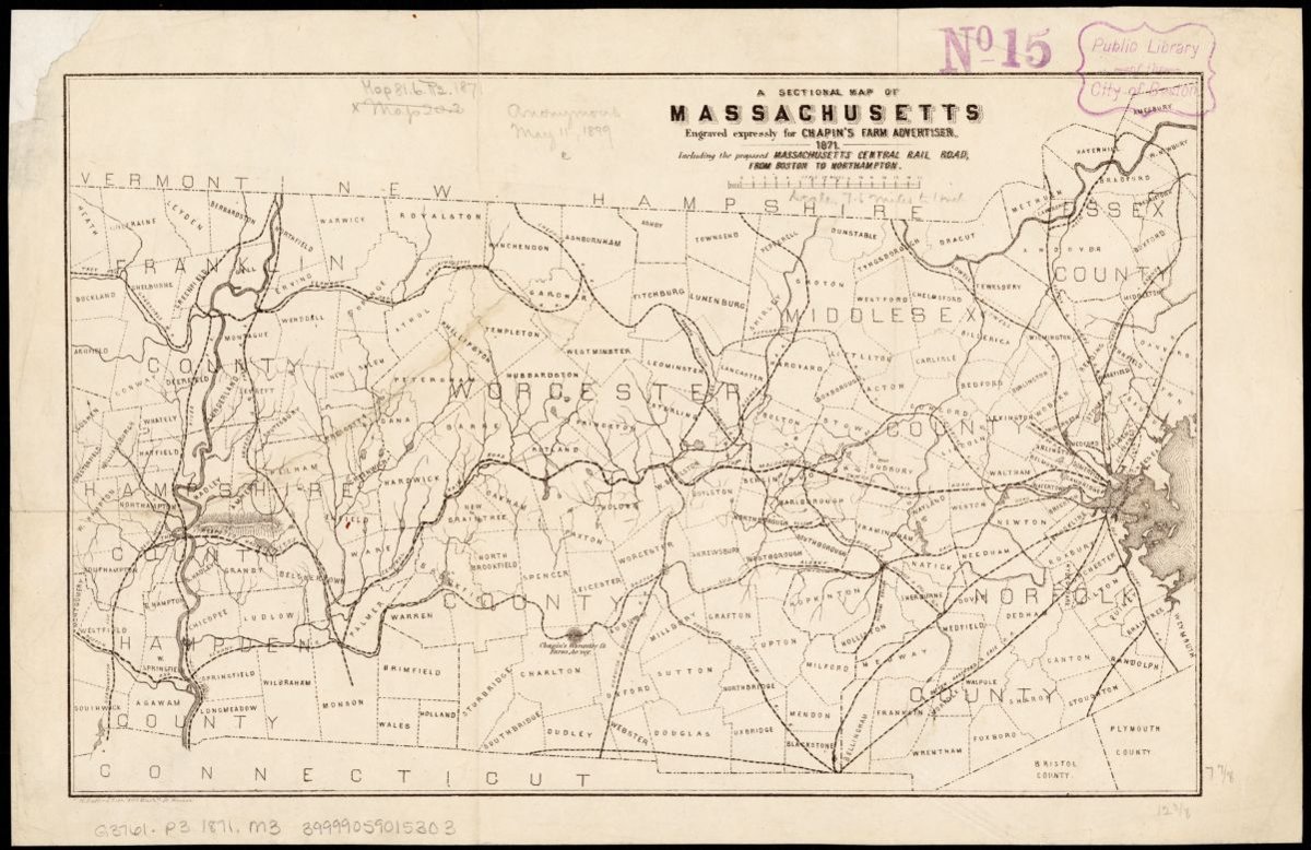 A sectional map of Massachusetts, engraved expressly for Chapin's farm advertiser, 1871 : including the proposed Massachusetts Central Railroad from Boston to Northampton