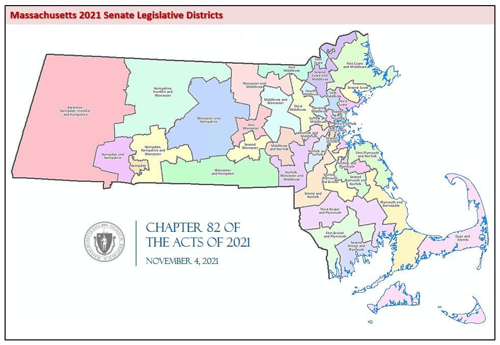 Official statewide map of Massachusetts Senate legislative districts adopted in 2021.
