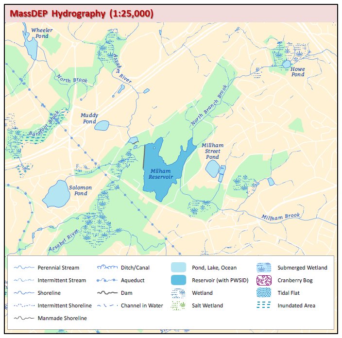 Official local sample of MassDEP hydrography, with the original water-feature legend.