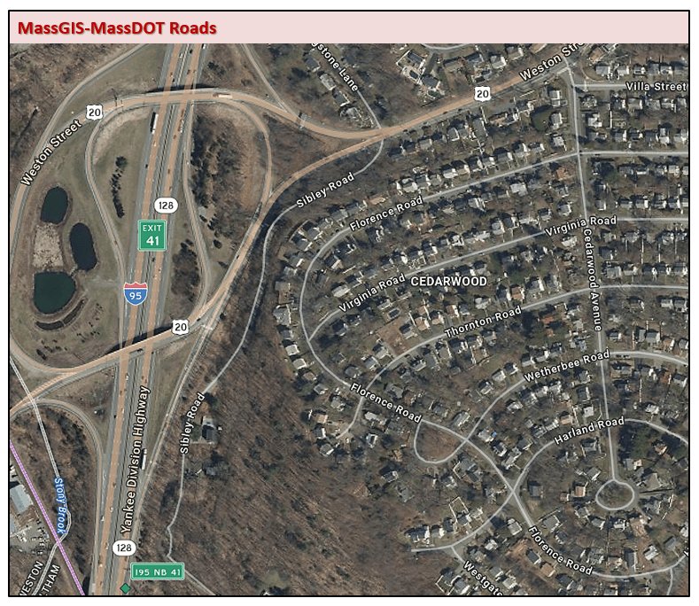Official embedded map sample of MassDOT roads near Interstate 95 and Route 128.