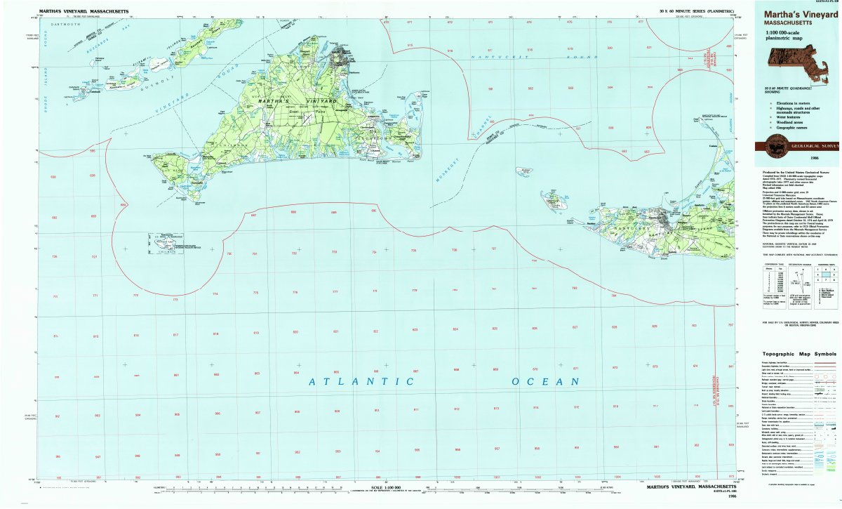 Martha’s Vineyard, Massachusetts, USGS 1986 topographic map at 1:100,000.