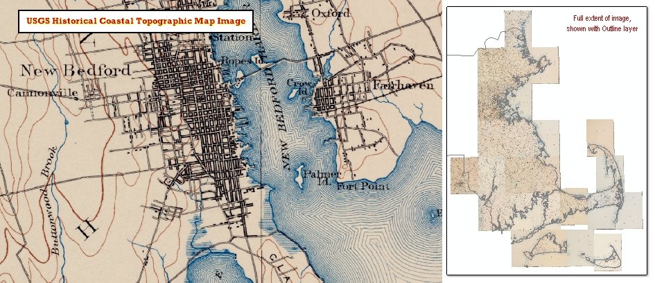 Official historic coastal topographic sample showing New Bedford and Fairhaven.