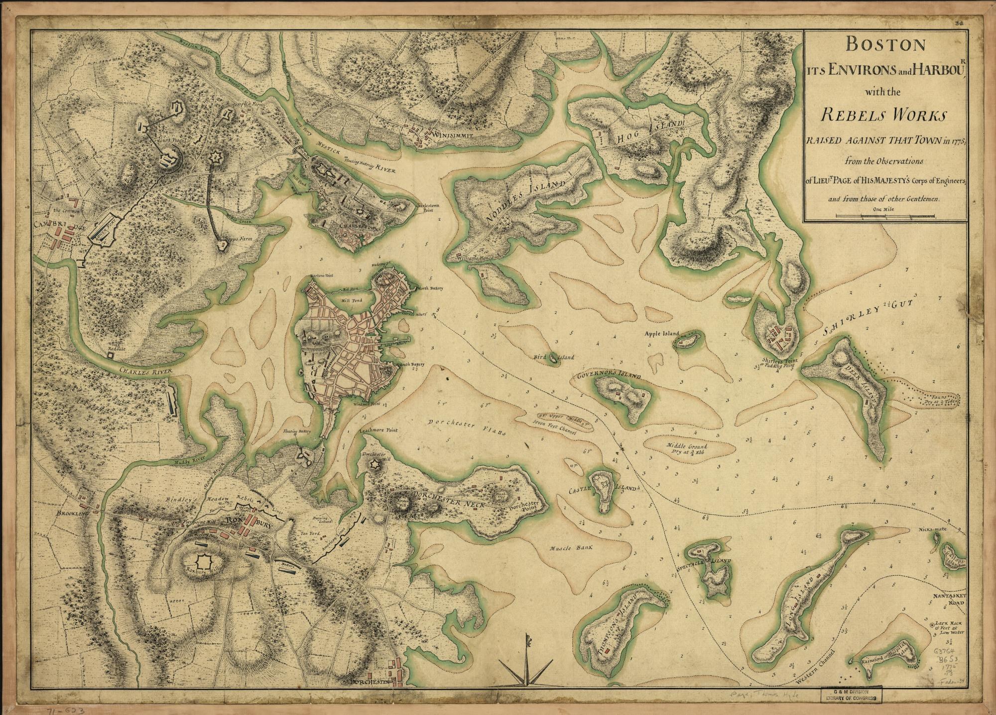 Boston and harbor, a hand-colored map dating from around 1775