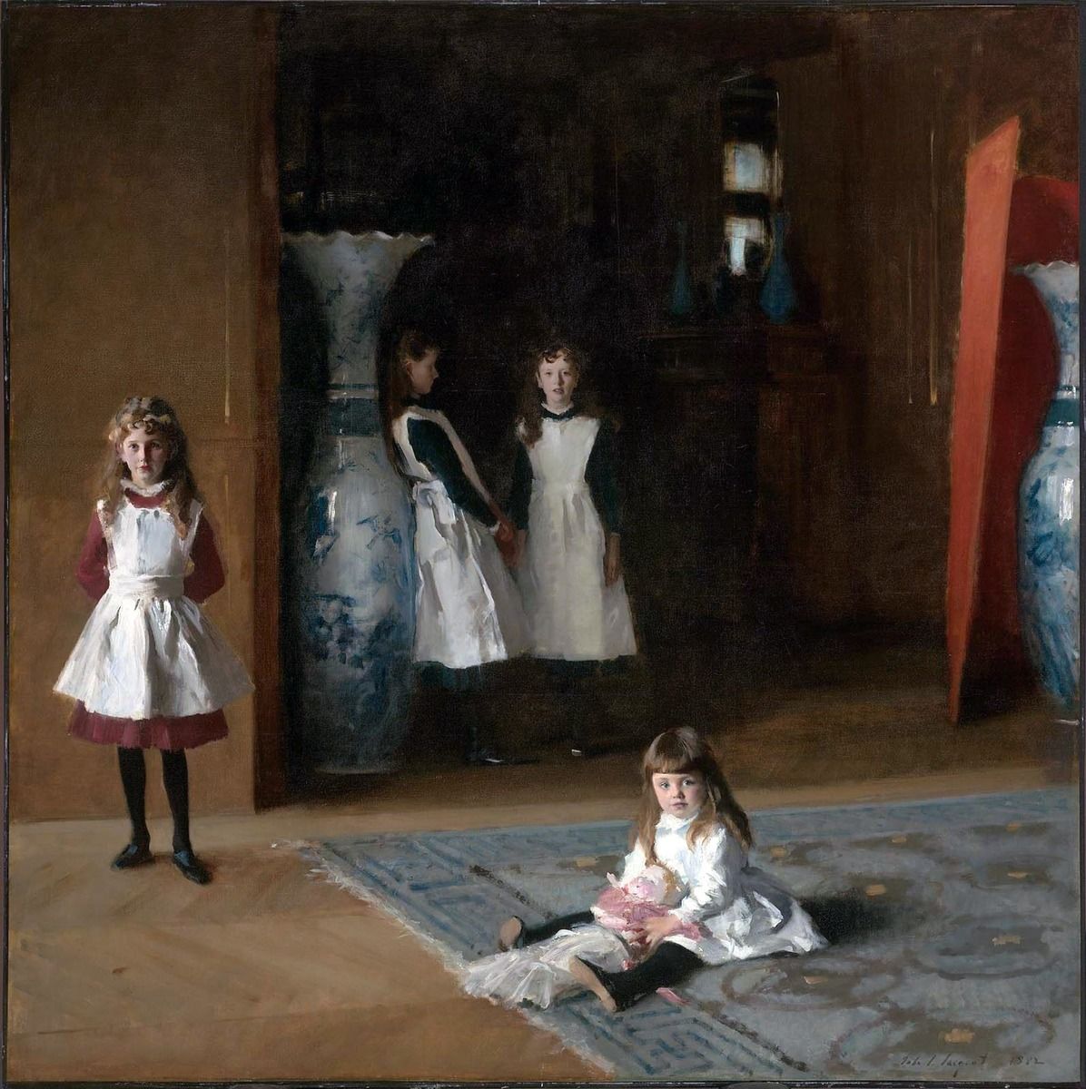 Four girls occupy a spacious, shadowed interior with two large Japanese vases; the youngest sits on a rug.