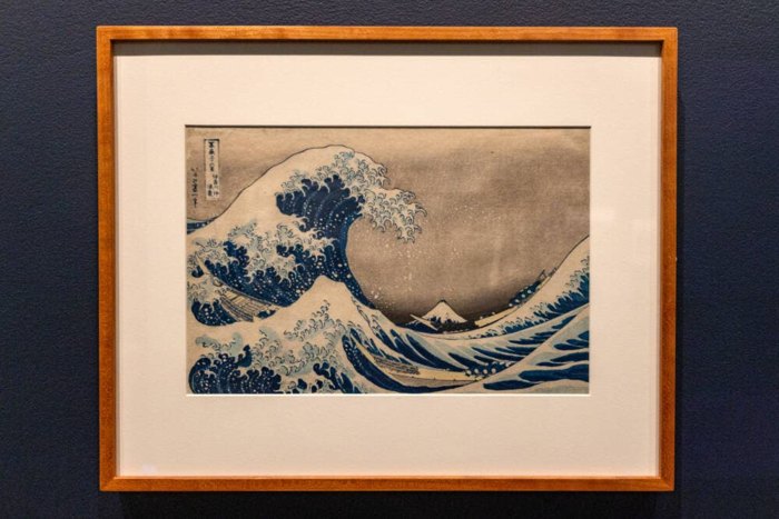 Hokusai’s Great Wave print displayed in its frame at the MFA.