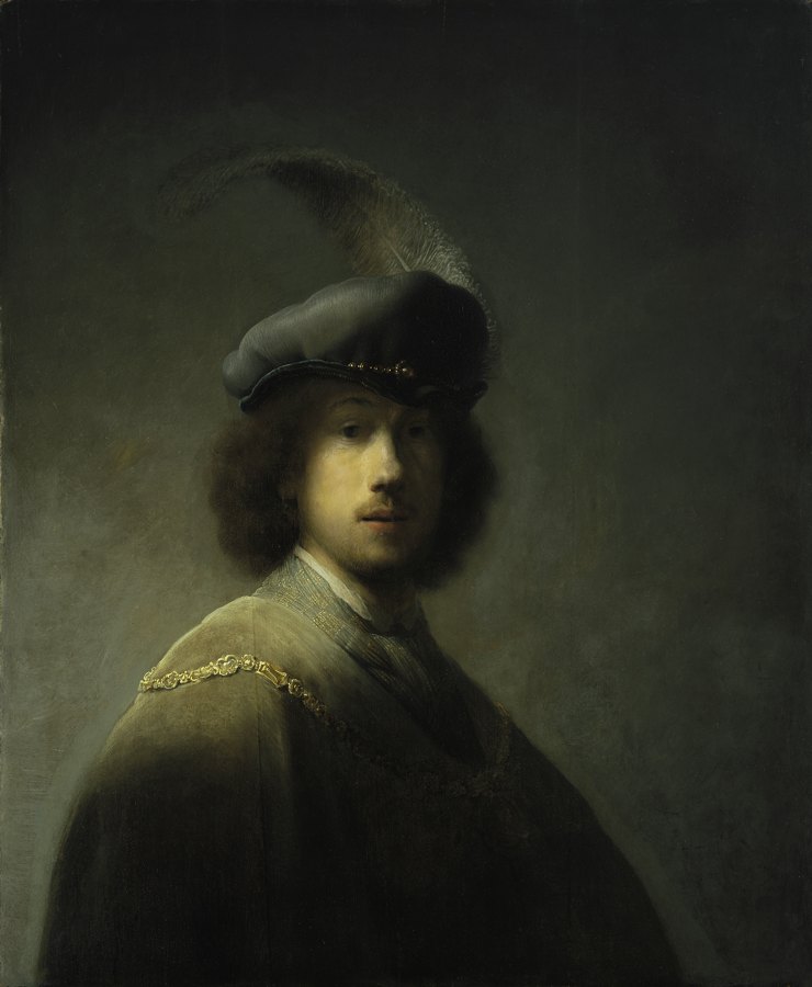 A young Rembrandt wears a feathered cap and a gold chain.