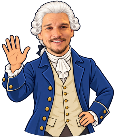 Cartoon Elliot dressed as a colonial-era visitor with a white powdered wig, cravat, coat, and waistcoat