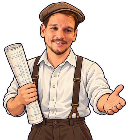 Cartoon Elliot dressed as a early twentieth-century engineer