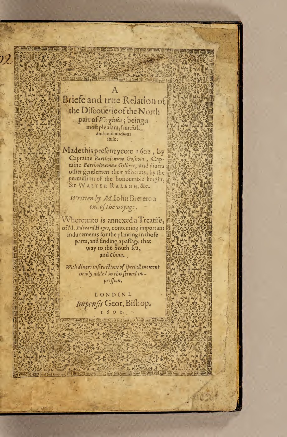 Ornamental border surrounds the title of Brereton’s 1602 account, naming Gosnold and Gilbert.