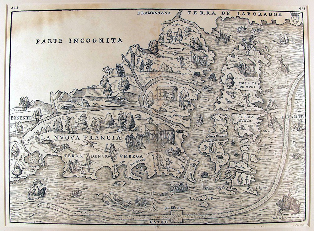 Pictorial map with waterways, mountains, boats, forests, and a curved offshore feature.