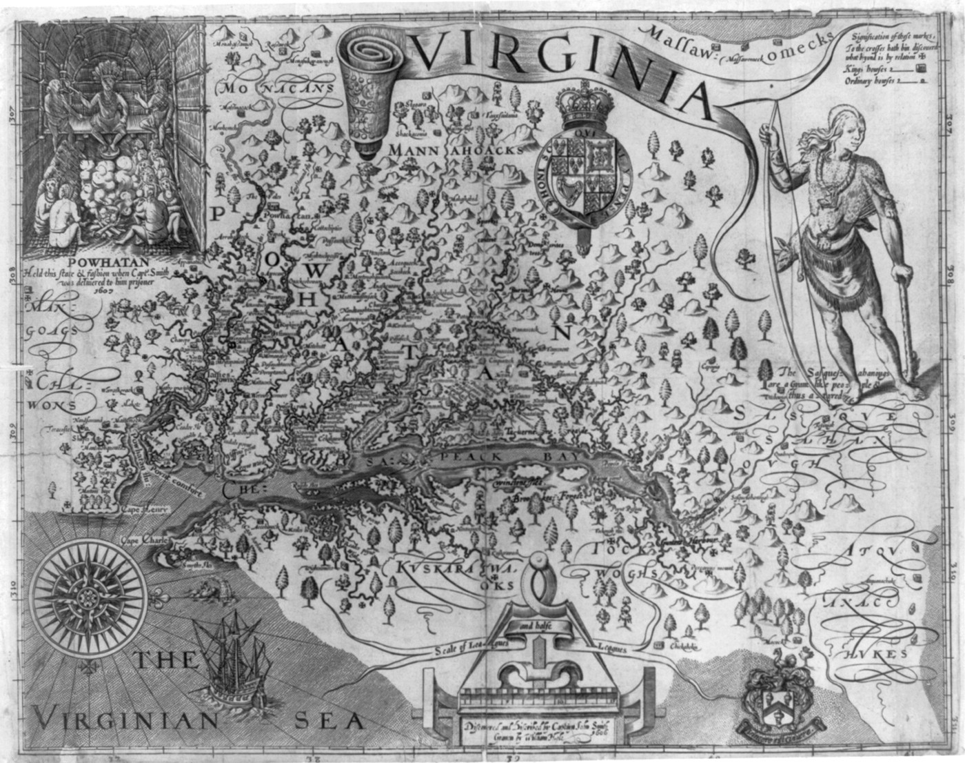 Black-and-white map of Chesapeake Bay with Indigenous place names, a compass, and a scene of Powhatan in council.