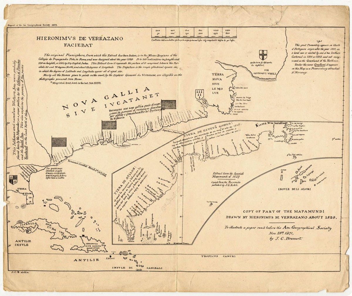 Facsimile map detail showing a stretched Atlantic coast, place names, and text notes.