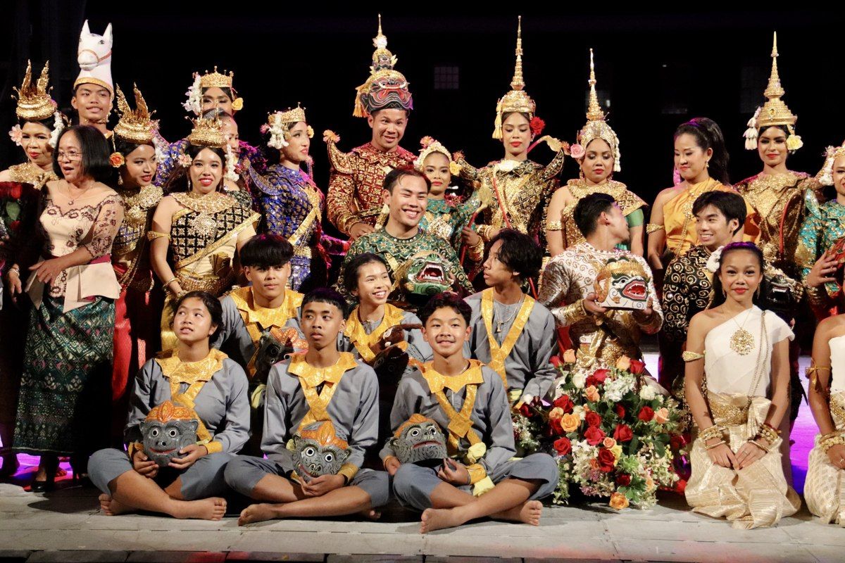Members of Lowell’s Angkor Dance Troupe wearing performance costumes.
