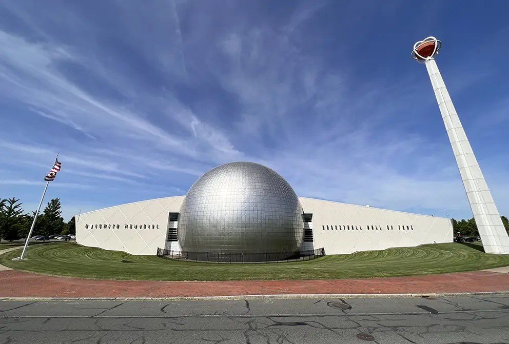 The dome and tall basketball-topped spire of the Naismith Basketball Hall of Fame in Springfield.
