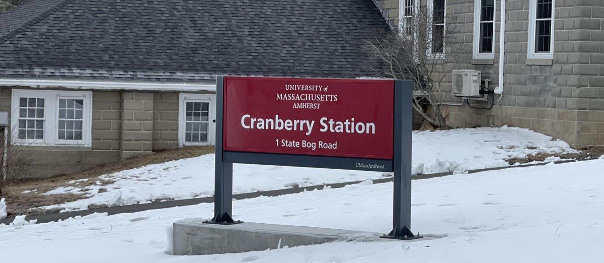 The UMass Cranberry Station building and sign in Wareham.