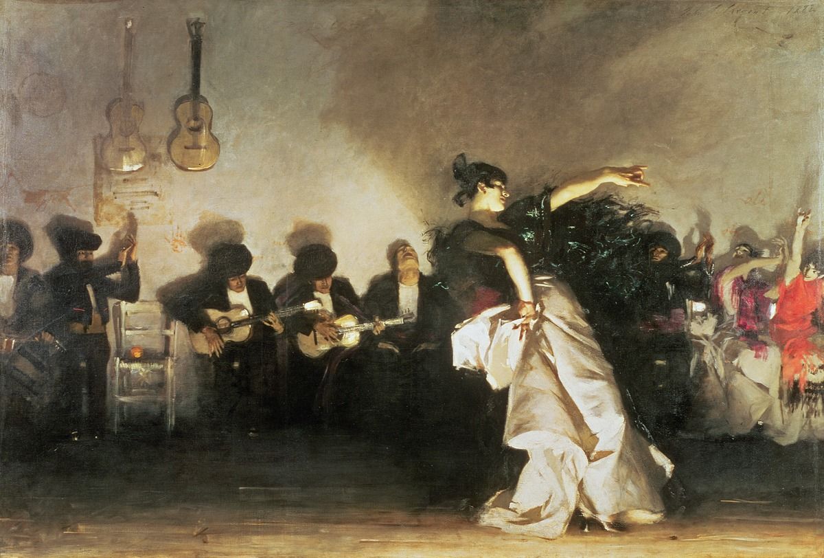 A dancer in a white skirt leans back before seated guitarists and clapping figures against a gray wall.