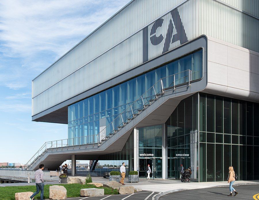 The ICA’s waterfront building in Boston, with its projecting upper gallery and glass walls.