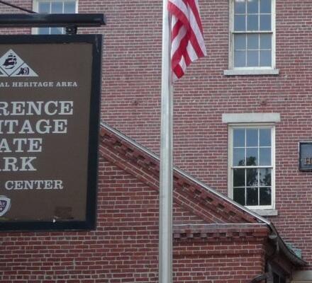 The brick visitor center at Lawrence Heritage State Park.