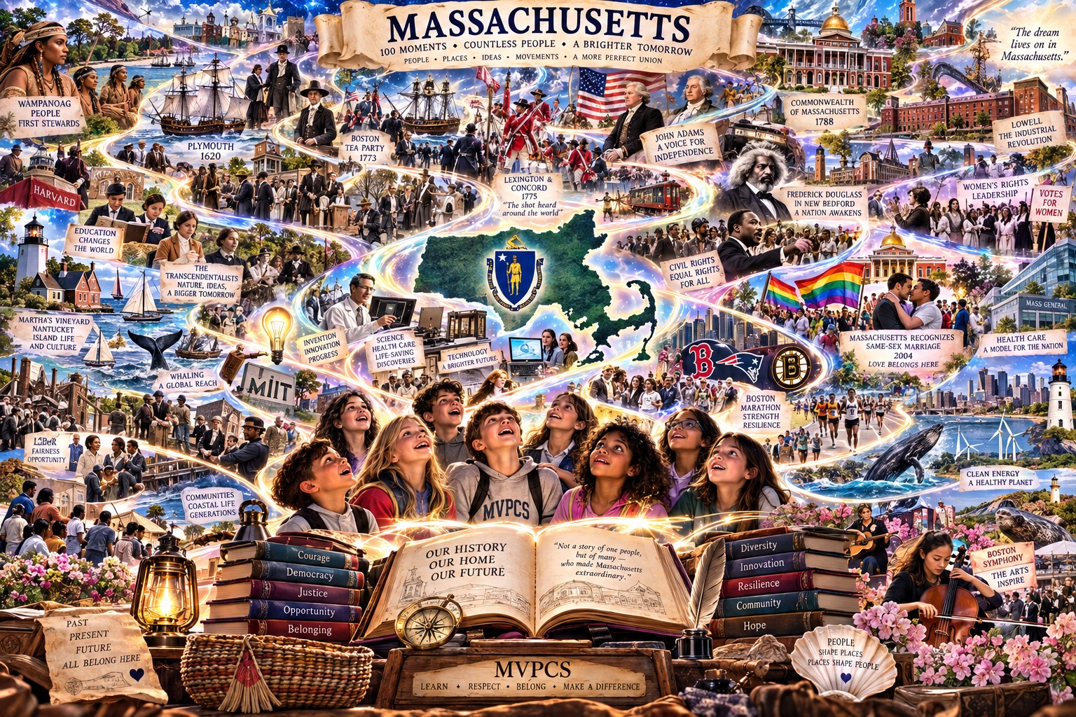 Illustrated Massachusetts history collage with Wampanoag people, ships, reformers, science, arts, and MVPCS students gathered around an open book.
