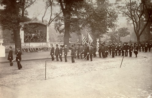 Veterans of the 54th and 55th Massachusetts Regiments marching at the memorial dedication