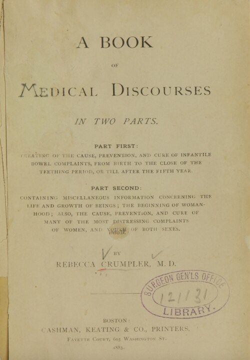 Title page of Rebecca Lee Crumpler’s A Book of Medical Discourses, published in 1883.