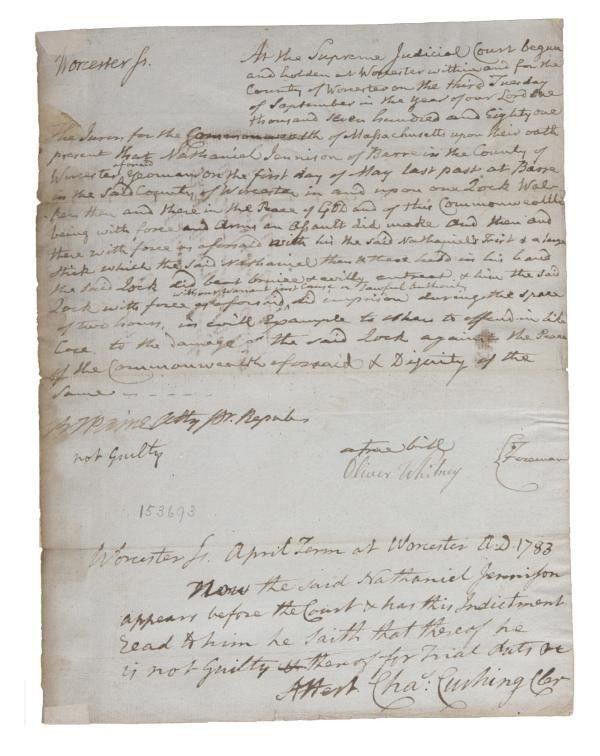 Historic court document from the Quock Walker freedom case