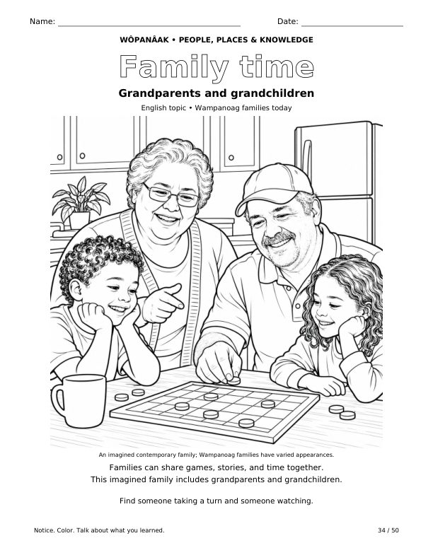 First page of the supplied modern Wampanoag families coloring collection